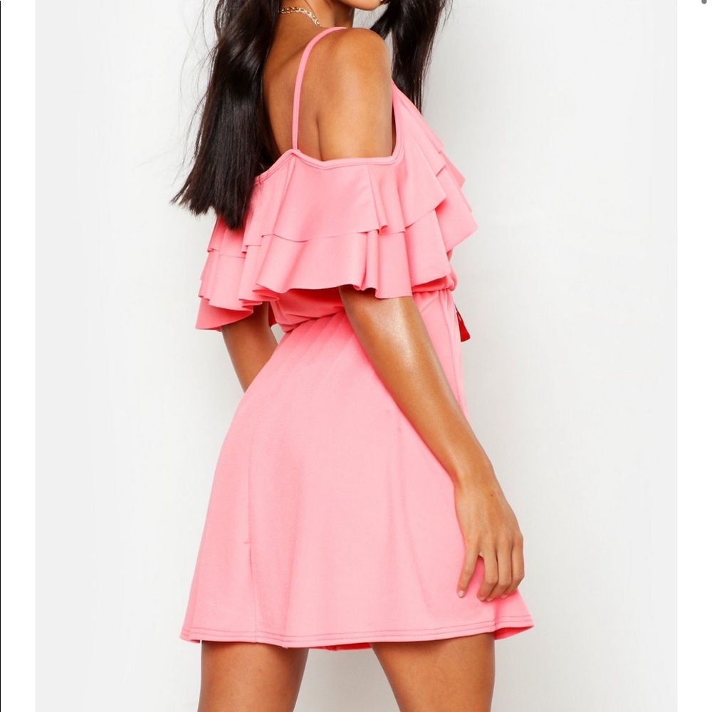 Coral Ruffle Cold Shoulder Skater Dress
